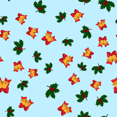 Christmas seamless pattern with jingle bells, and holly leaves on light blue background, vector illustrationのイラスト素材