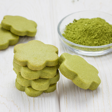 Homemade matcha green tea shortbread cookies, square formatの写真素材