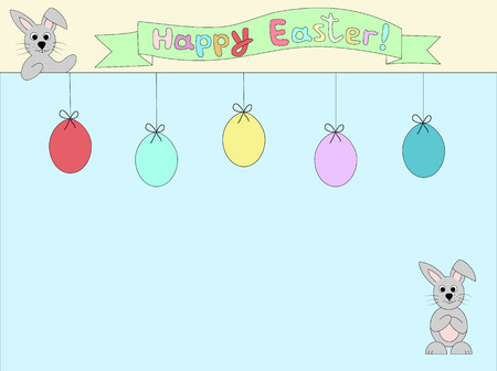 Cute rabbit shows on a banner with words Happy Easter, hanging colorful easter eggs on background. Easter templateのイラスト素材