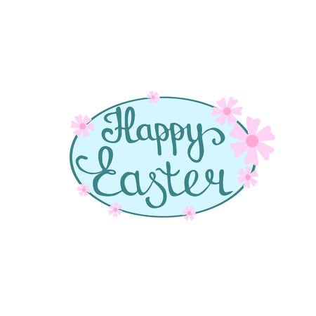 Happy Easter hand lettering in oval frame with flower decoration, vector illustrationのイラスト素材