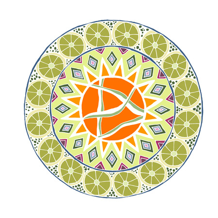 Decorative hand drawn mandala with different geometrical elements, anti stress therapy pattern, green and orange colors without outline. Vector illustrationのイラスト素材