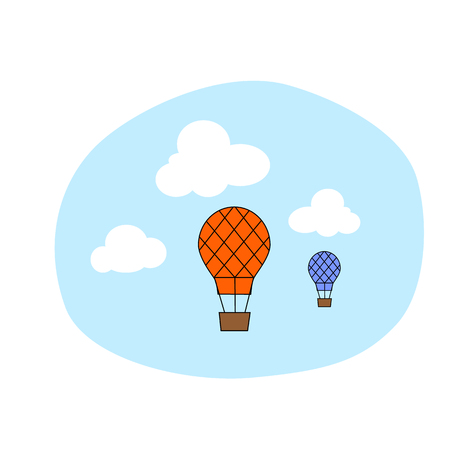 Hot air balloons in the sky with clouds, travel concept, flat design, vector illustrationのイラスト素材