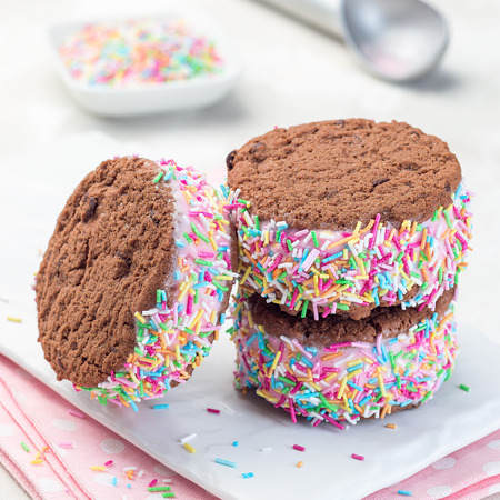 Homemade ice cream sandwich with chocolate chip cookie, watermelon ice cream, covered with colorful sprinkles, on a white plate, square formatの写真素材