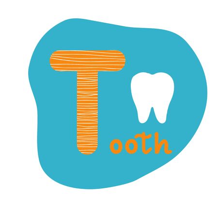 English alphabet for children, letter T uppercase with word. Cute kids colorful ABC alphabet in cartoon style, flashcard for learning English vocabulary, vector illustrationのイラスト素材