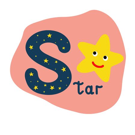 English alphabet for children, letter S uppercase with word. Cute kids colorful ABC alphabet in cartoon style, flashcard for learning English vocabulary, vector illustrationの写真素材