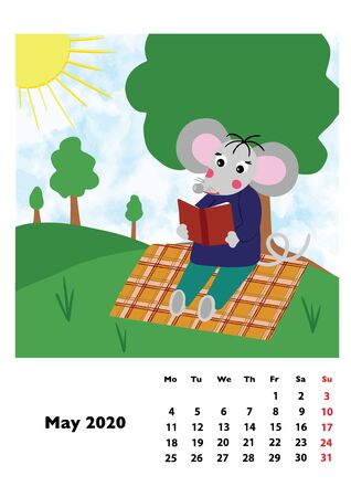 Children calendar 2020 for May, with main hero rat or mouse, a symbol of the new year. The week starts on Monday. Cartoon style digital drawing, vector illustrationのイラスト素材