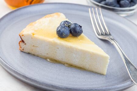 Piece of cheese casserole or cheesecake, garnished with blueberry and honey, on a gray plate, horizontalの写真素材