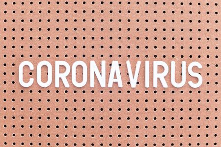 Word Coronavirus made from white letters on brown pegboard,  horizontalの写真素材