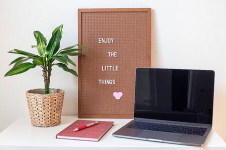 Home office workplace in scandinavian style, home interior with a white table, laptop, green palm in...
