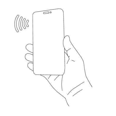 Hand with a smartphone, contactless payment or mobile banking, black outline, vector illustrationのイラスト素材