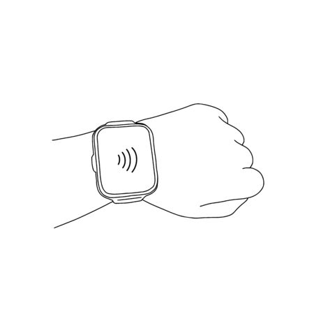 Contactless payment via pos terminal with smartwatch, black outline, vector illustrationのイラスト素材