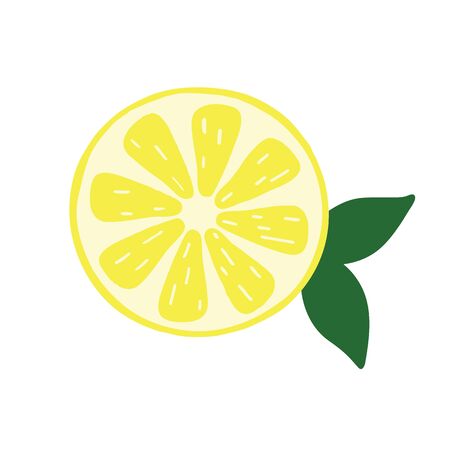 Hand drawn lemon slice with leaf, cartoon style, vector illustrationのイラスト素材
