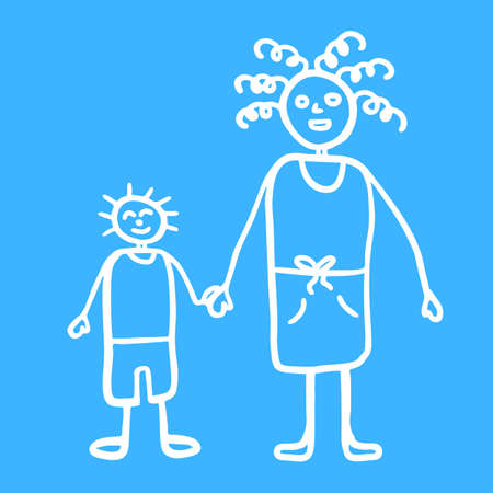Silhouette of mama and son walking together outdoors, smiling and holding hands,  vector illustrationのイラスト素材