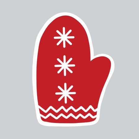 Christmas sticker with red mitten and snowflake, holiday element ready for print, vector illustrationのイラスト素材