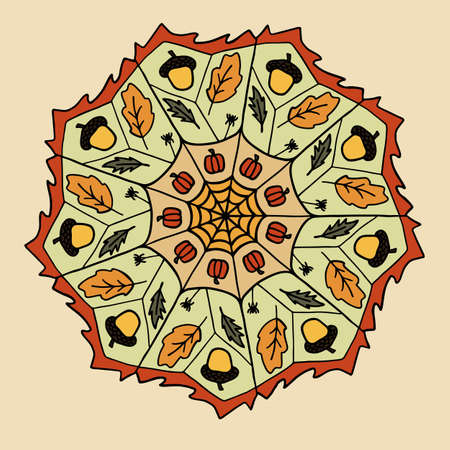 Colorful hand drawn mandala  with autumn elements, vector illustrationのイラスト素材