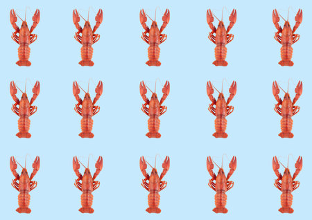 Pattern with red crayfishes on a blue background, horizontal, top viewの写真素材