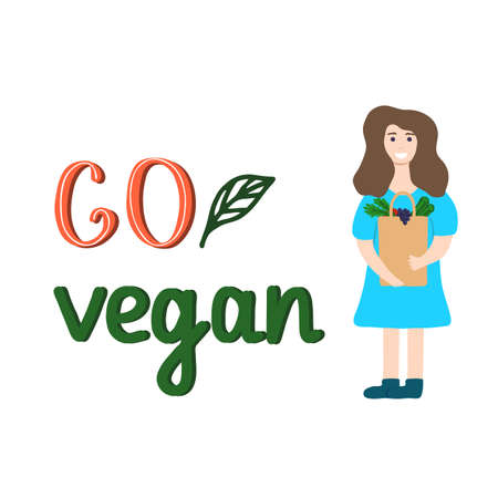 Go vegan lettering and happy girl with a bag full of fruits and vegetables, healthy vegetarian food concept, vector illustrationのイラスト素材