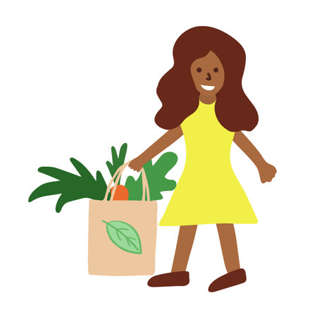 Happy girl with a bag full of vegetables, healthy vegetarian food concept, vector illustrationのイラスト素材