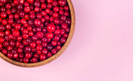 Bowl of fresh cranberry on a pink background, horizontal, copy space, top viewの写真素材