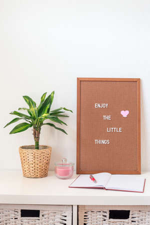 Home interior with white shelves, green palm, candle, open diary and pegboard, vertical