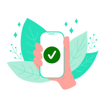 Hand holding phone with check mark, leaves on background. Mobile or online electronic wallet paymentのイラスト素材