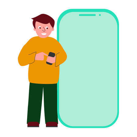 Boy using smartphone for social media or online shopping, searching or payment, vectorのイラスト素材
