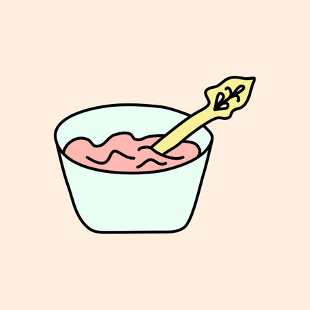 Bowl with strawberry or raspberry jam or marmalade and spoon, doodle style flat vectorのイラスト素材
