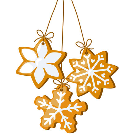 Festive Christmas gingerbread cookie in star shape with icing, hanging on cord, vectorのイラスト素材