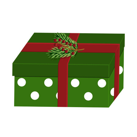 Green gift box, decorated with red ribbon, Christmas tree and branch with red berries, vectorのイラスト素材
