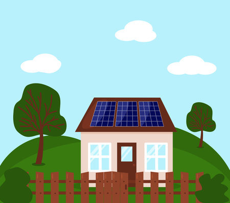 Country house with solar battery panels on roof, vectorのイラスト素材