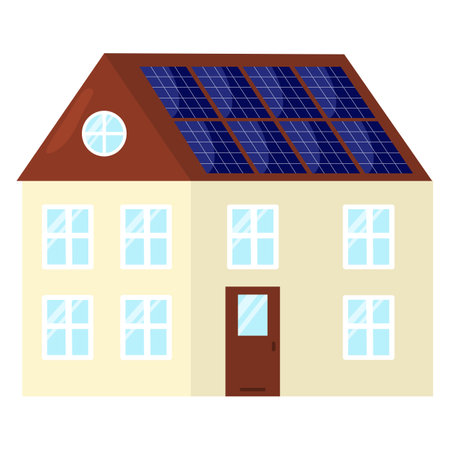 Town house with solar battery panels, concept of sustainable alternative electricity sources, vectorのイラスト素材