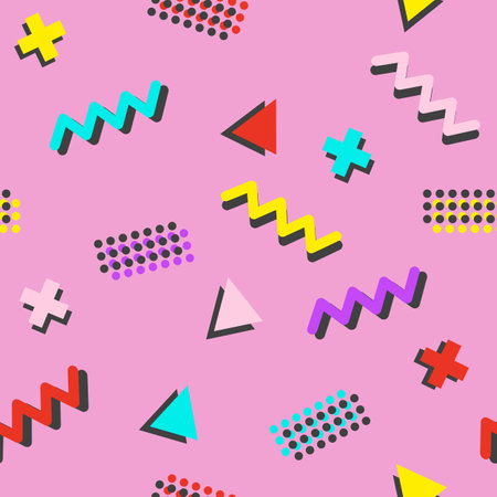 Seamless pattern with abstract Bauhaus or Memphis geometric shapes, doodle style flat vector