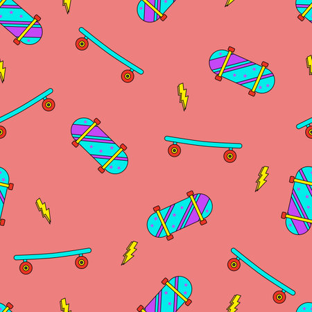 Seamless pattern with skateboards and bolts, retro elements pattern, doodle style flat vectorのイラスト素材