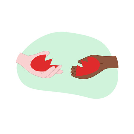 Red broken heart in two different skin type hands, reconciliation concept, doodle style vectorのイラスト素材