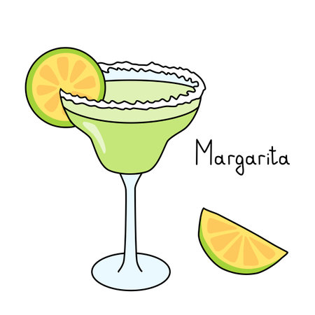 Margarita cocktail in glass with salt rim and lime slice, doodle style vectorのイラスト素材