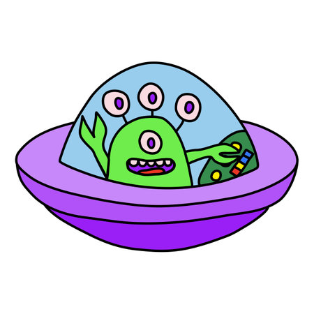 Friendly cartoon alien in spaceship or ufo, waving hand, doodle style vector