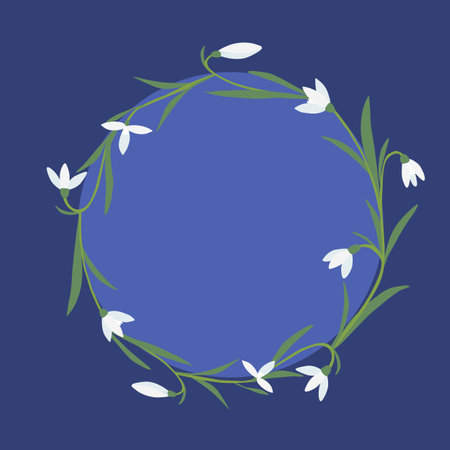Round frame with snowdrops spring flowers on blue background, place for text, vectorのイラスト素材