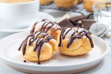 Profiteroles with whipped cream and chocolate filling, covered with melted chocolate, horizontalの写真素材