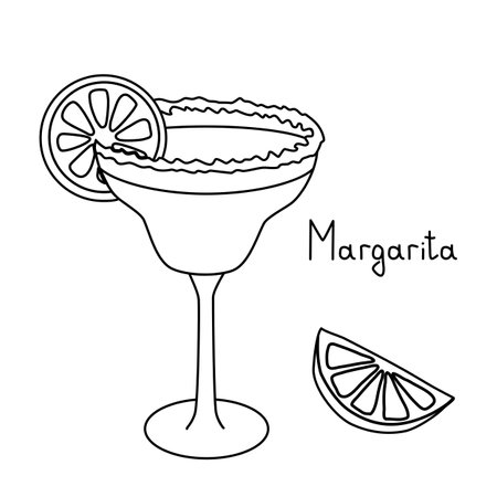 Margarita cocktail in glass with salt rim and lime slice, doodle vector outline for coloring bookのイラスト素材