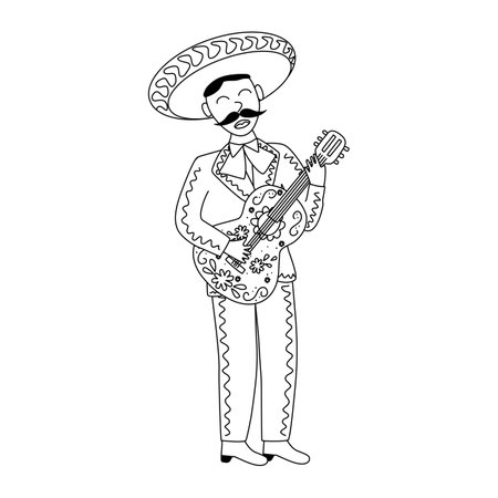 Mariachi musician with guitar, doodle style flat vector outline for coloring bookのイラスト素材