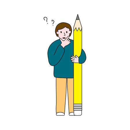 Student with pencil thinking about solving a problem, education, back to school, doodle style vectorのイラスト素材