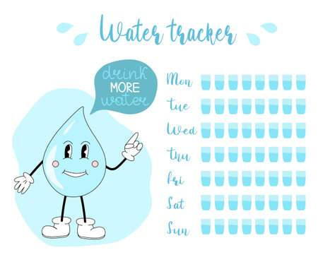 Weekly water tracker with cartoon drop of water, stay hydrated concept, vectorのイラスト素材