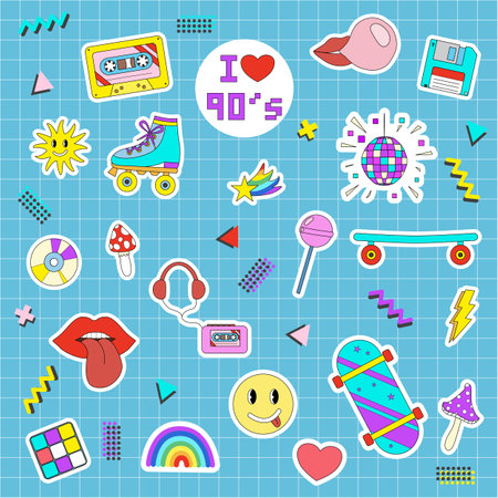 Retro sticker pack I love 90s with different old fashioned elements, doodle style flat vector