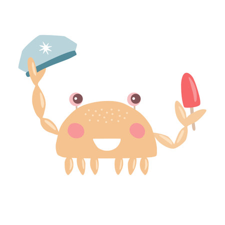 Cute cartoon style crab character smiling, captain hat and ice cream in claws, vectorのイラスト素材