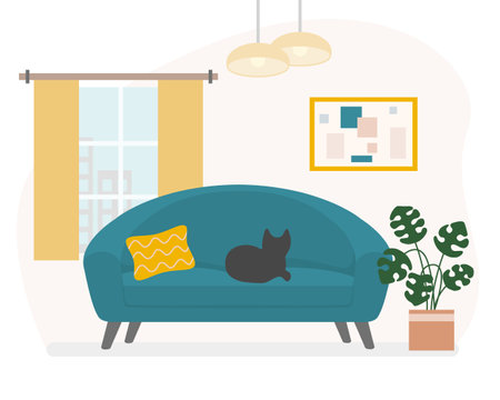 Living room interior with sofa, big monstera plant and window, vectorのイラスト素材