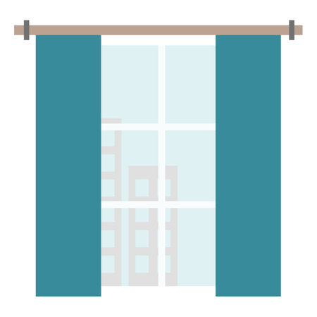 Window with long curtains, view on sky and silhouettes of houses, interior design element, vectorのイラスト素材
