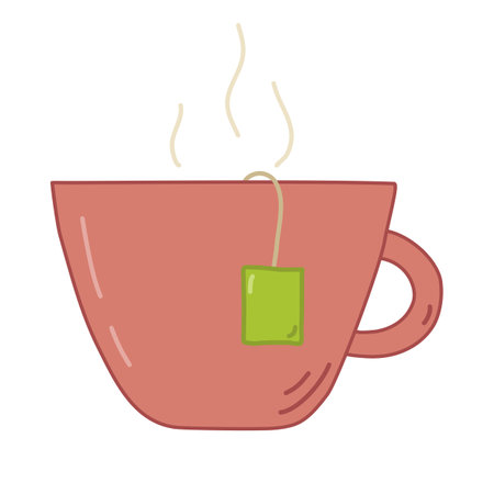 Cup with hot tea, tea bag label, steam over cup, vectorのイラスト素材
