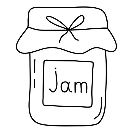 Glass of homemade jam, lid covered with cloth and rope tide, vector outline for coloring bookのイラスト素材