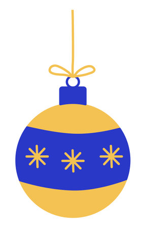 Blue yellow festive ball with snowflakes, Christmas tree decoration toy, hanging on rope, vectorのイラスト素材