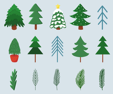 Set of different styles Christmas trees, pine and branches, winter holidays design elements, vectorのイラスト素材